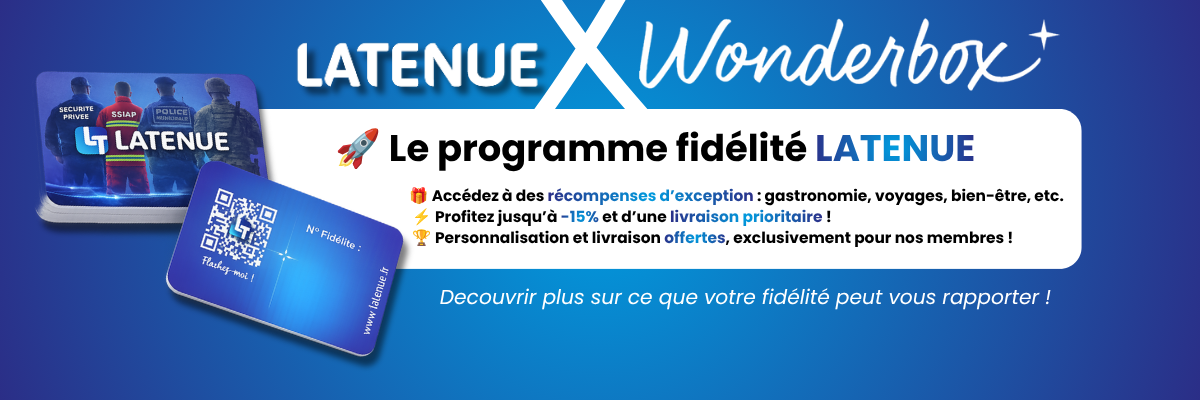 Programme fidélité LaTenue : 20 points offerts à l'inscription, 1€ dépensé = 1 point, jusqu'à -15% de remise, livraison prioritaire et personnalisation offerte pour nos membres. En partenariat avec Wonderbox.