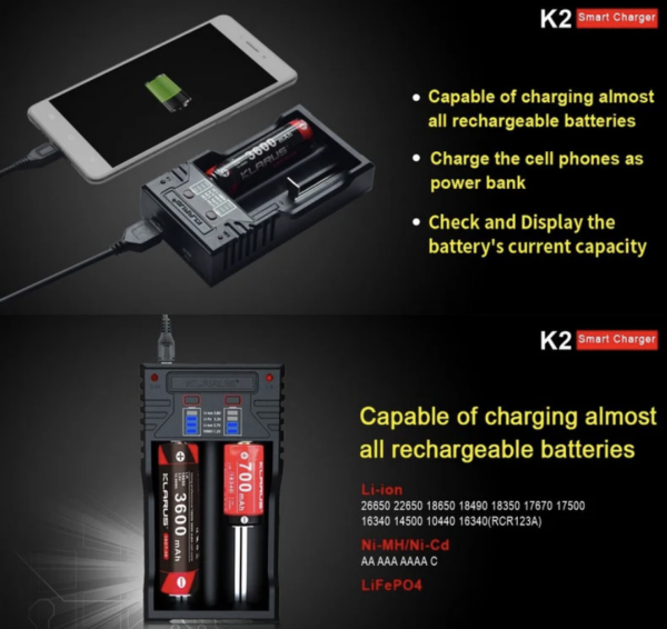 Chargeur Klarus K2 USB pour batteries Li-ion / IMR / Ni-Cd et LiFePO4 + 2 batteries – Image 4