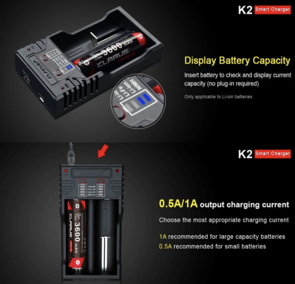 Chargeur Klarus K2 USB pour batteries Li-ion / IMR / Ni-Cd et LiFePO4 + 2 batteries – Image 5