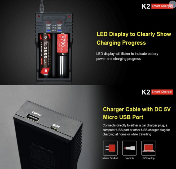 Chargeur Klarus K2 USB pour batteries Li-ion / IMR / Ni-Cd et LiFePO4 + 2 batteries – Image 6